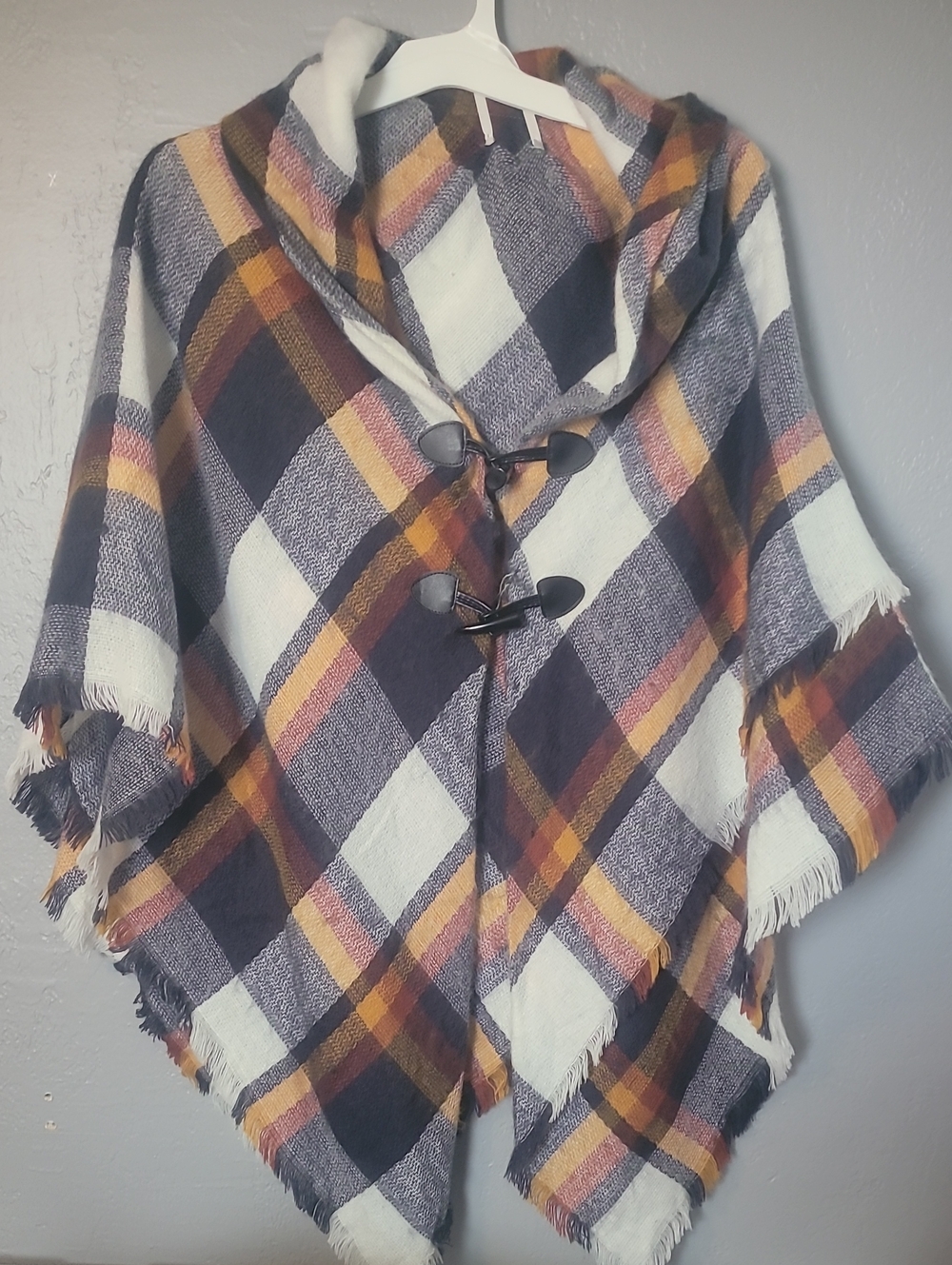 Plaid Hooded Toggle Poncho in Navy, Mustard & Cream